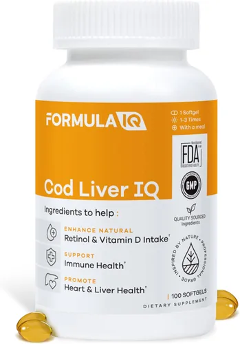 Formula IQ - IQ de hígado de bacalao - Cápsulas blandas de aceite de hígado de bacalao - Fuente natural de vitaminas A y D y ácidos grasos omega-3 -