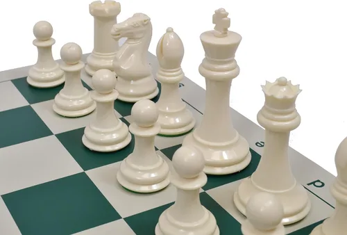 Vista 3 de Wholesale Chess Piezas cuádruples de ajedrez ponderadas y tablero de vinilo - Piezas marfil/negras - Tablero verde