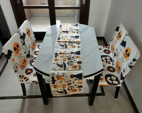 Vista 5 de Juego de 4 fundas elásticas para sillas de comedor de Halloween, fundas protectoras para sillas Parsons con estampado de Jack-o'-Lantern