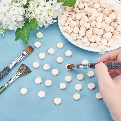 Vista 5 de PandaHall - 200 cuentas de madera plana natural, cuentas de madera de 0.492 in (1/2 pulgadas), sin terminar, rebanadas de madera redondas