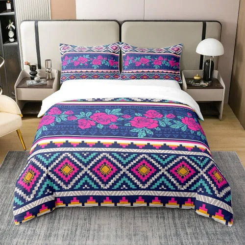 Vista 19 de Erosebridal - Juego de funda de edredón bohemia 100% algodón orgánico, diseño ondulado, cama individual, funda de edredón bordada con arco iris