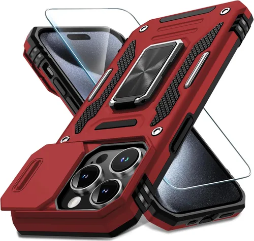 Vista 9 de DEERLAMN Funda para iPhone Xs Max con funda deslizante para cámara + protector de pantalla, soporte giratorio de anillo de grado militar a prueba