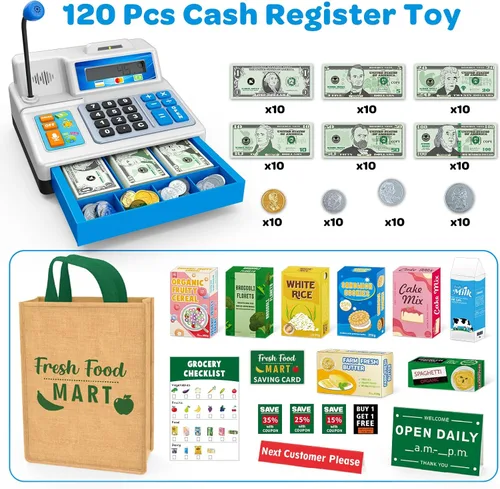 Vista 2 de Juguete de caja registradora para niños, juego de 120 piezas de tienda de comestibles con tarjeta de crédito, cajas de comestibles, micrófono