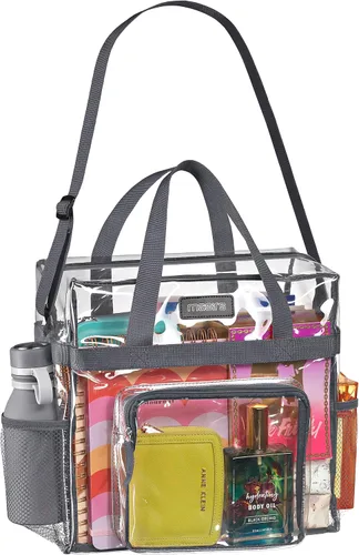 Vista 10 de Bolsa de Mano Transparente Masirs Aprobada para Estadios - Bolsillos de Malla, Correas de Hombro, Cremallera en la Parte Superior, Perfecta