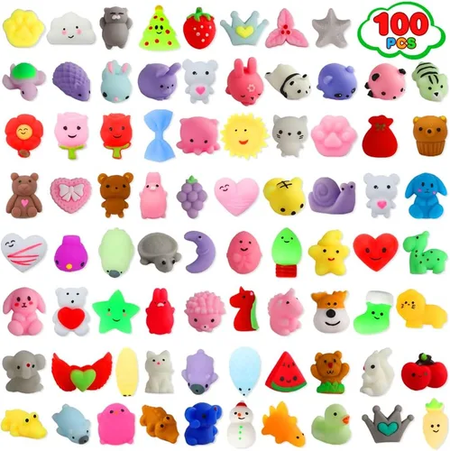 Paquete de 100 Juguetes Squishies, Pequeños Juguetes Fidget Squishy de Mochi Aleatorios a Granel, Regalos de Fiesta para Niños de 4-8 y 8-12, Bolsa