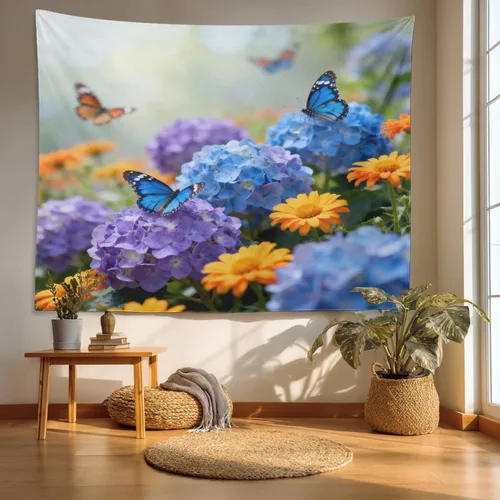 Vista 13 de Batmerry Peaceful Retreat Beautiful Landscape Tapestry, Blooming Garden Setting Wall Art Hanging Decoration Polyester Fiber White Ruffled Around For