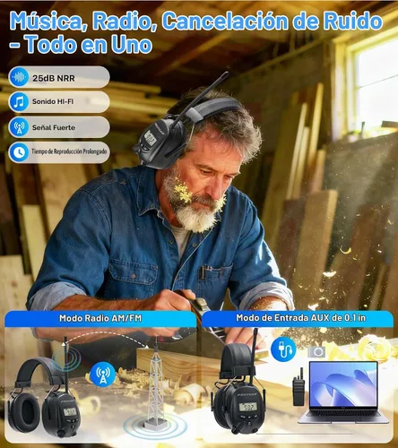 Vista 2 de Digital AM/FM Radio Hearing Protection Earmuffs, 25 dB NRR Radio Am Fm + Negro