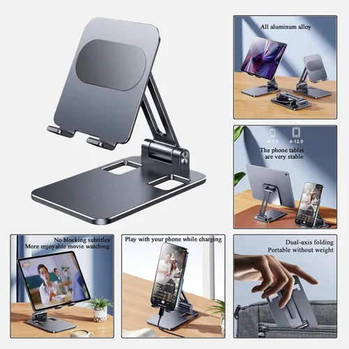 Vista 4 de Soporte para teléfono celular, base gruesa de metal de aluminio para teléfono celular para escritorio, soporte plegable ajustable para teléfonos