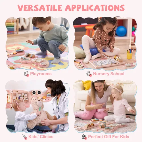 Vista 3 de ROBOTIME Tablero Ocupado de Cocodrilo Paneles de Pared para Niños Pequeños, Tablero de Actividades Sensoriales Montessori Rosa, Centro