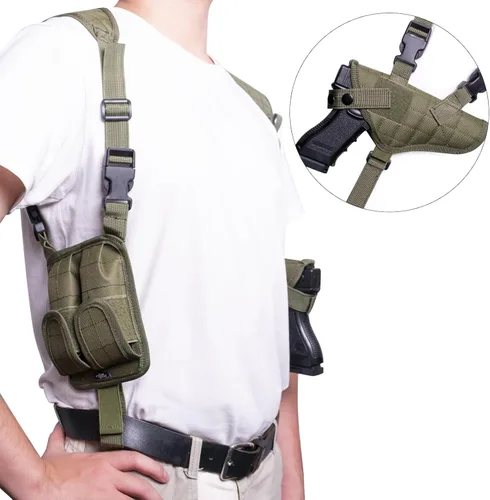 Vista 2 de Funda de hombro para pistolas, funda vertical ajustable para pistola con doble bolsa de cargador, funda de transporte oculta universal que se adapta