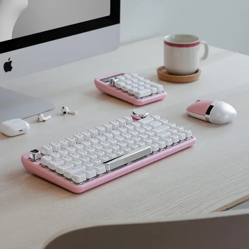 Vista 6 de Azio IZO Teclado mecánico inalámbrico BT5/USB para PC y Mac, interruptores rojos prelubricados, flor de color rosa (IK408)