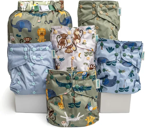 Vista 12 de Big Adventure Kinder - Juego de 5 pañales de tela reutilizables para bebé, estilo de bolsillo, jersey atlético que absorbe la humedad, insertos