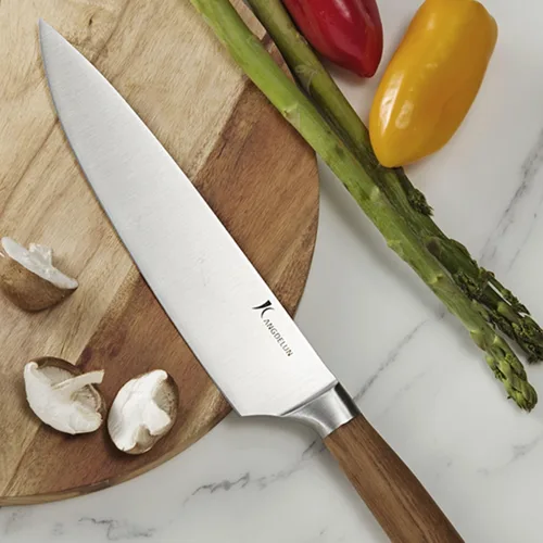 Vista 2 de kangdelun Ultra Sharp - Juego de cuchillos de chef de 4 piezas, acero inoxidable de alto carbono, asas de madera de fresno marrón torreficado, caja