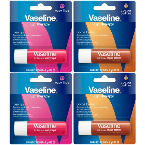 Vaseline Paquete variado de terapia de labios, paquete de 4 – Labios rosados + manteca de cacao hidratante bálsamo labial con vitamina E, 0.16 onzas