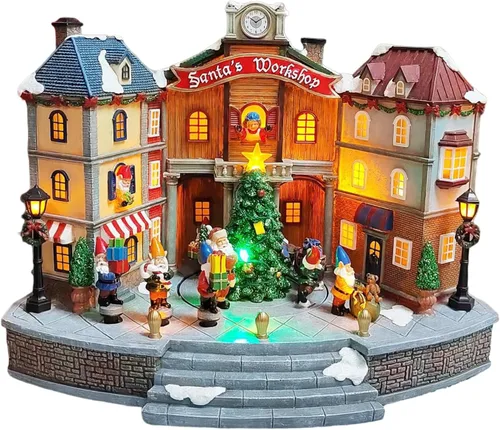 Vista 7 de MOMENTS IN TIME Figura animada del ayuntamiento del centro de la ciudad 32 cm Edificio iluminado de pueblo navideño con árbol giratorio, luces LED