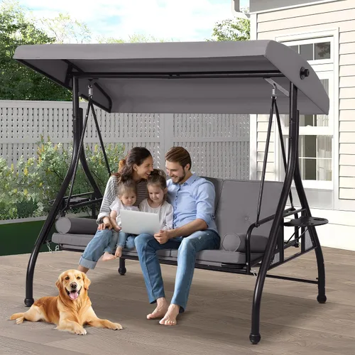 Vista 10 de Columpios de porche con toldo ajustable, cama de columpio para exteriores de 3 asientos, color azul