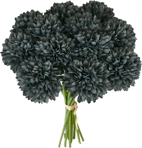 Vista 15 de Mandy's Crisantemo negro – 12 piezas de flores artificiales para centro de mesa del hogar, decoración de primavera y verano, flores de seda