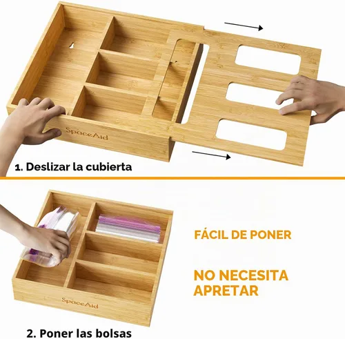 Vista 6 de SpaceAid Organizador de bolsas para cajón de cocina, de bambú, compatible con galón, cuarto de galón, sándwiches y aperitivos, para bolsas de 4