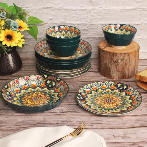 Vista 4 de YA JU Juego de Vajilla Mandala (12 Piezas) Sirve para 4, Vajilla para Buffet, Juego de Platos y Cuencos Boho con Plato de Ensalada de 8 Pulgadas