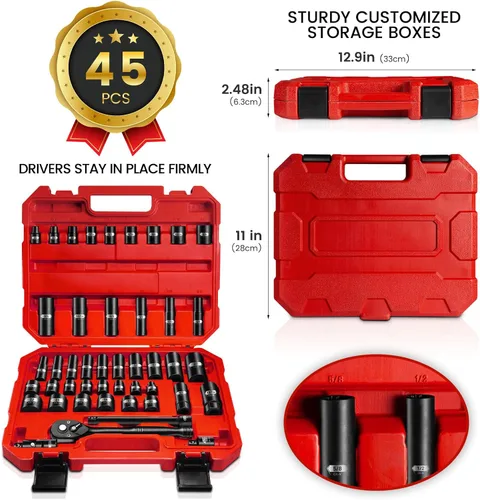 Vista 2 de BLACKROBOT Juego de llaves de impacto de 3/8 de pulgada, 45 piezas, estándar SAE (1/4" a 3/4") y métrico (6-22 mm), mango de trinquete de 72