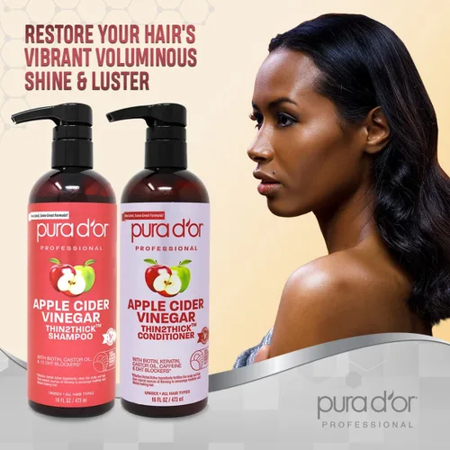 Vista 4 de PURA D'OR Set Thin2Thick de vinagre de sidra de manzana (16 onzas x 2) champú y acondicionador ACV y aceite de argán protector contra el calor
