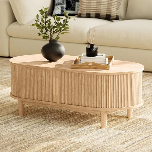 Vista 18 de LINSY HOME Mesa auxiliar redonda, mesa de centro de tambor de 31.5 pulgadas con puerta corrediza de tambor, mesa central acanalada con Roble