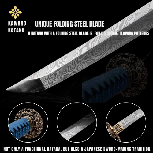 Vista 6 de Espada Katana KAWANO, espada japonesa de Damasco de acero plegable hecha a mano, espada samurái de lama completa funcional, mango de Rayskin real
