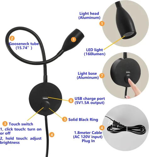 Vista 4 de Luz LED de lectura de pared con puerto de carga USB, interruptor regulable táctil, lámpara de noche de cuello de cisne, brazo flexible, 3 W