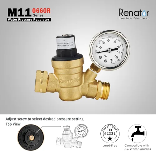 Vista 7 de RV Water Pressure Regulator for RV Camper. Brass Lead-free Adjustable Water Pressure Regulator with Gauge for Camper Travel Trailer, Reducer Valve W