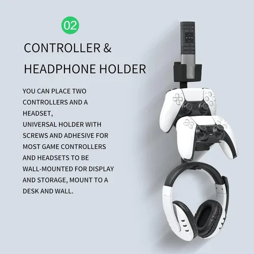 Vista 3 de Kit de montaje en pared para PS5, soporte de pared para PS5 con soporte para controlador negro y soporte para auriculares PS5 negro - Kit