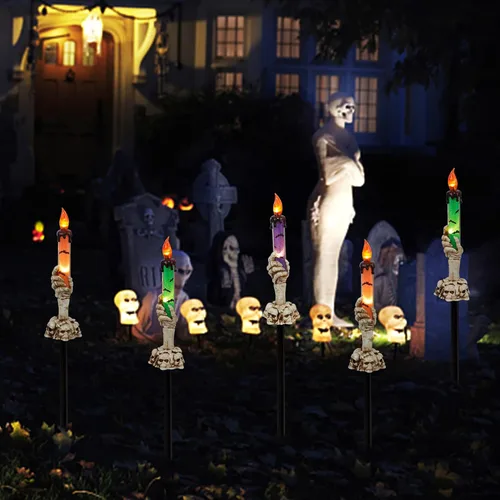 Vista 9 de WATERGLIDE Juego de 5 estacas de luz para velas de Halloween, diseño de manos de esqueleto, resistentes al agua, funciona