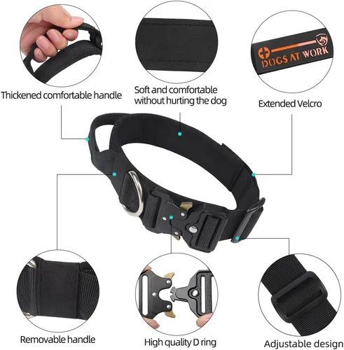 Vista 2 de Collar táctico para perro con asa, collar grueso militar resistente para perros medianos, hebilla de metal de liberación rápida, ajustable y cómodo