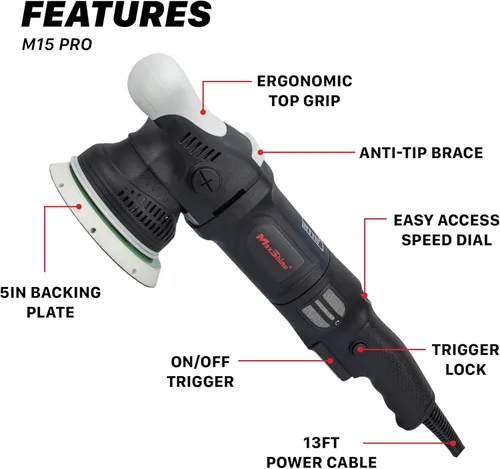 Vista 2 de Maxshine M15 Pro Pulidora de Doble Acción Lanzamiento de 15 mm, placa de respaldo de 5”, motor de 1000 W Velocidad variable, agarre ergonómico