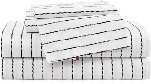 Vista 36 de Tommy Hilfiger - Sábanas para cama individual, ropa de cama de percal de algodón crujiente y fresca con funda de almohada a juego, juego de cama