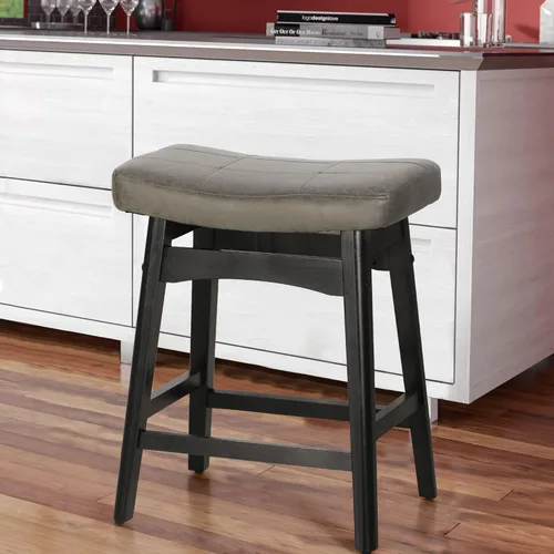 Vista 10 de Taburete de bar de madera maciza para encimera de cocina, taburete de bar con asiento de silla de montar de tela, taburete tapizado para isla de 34