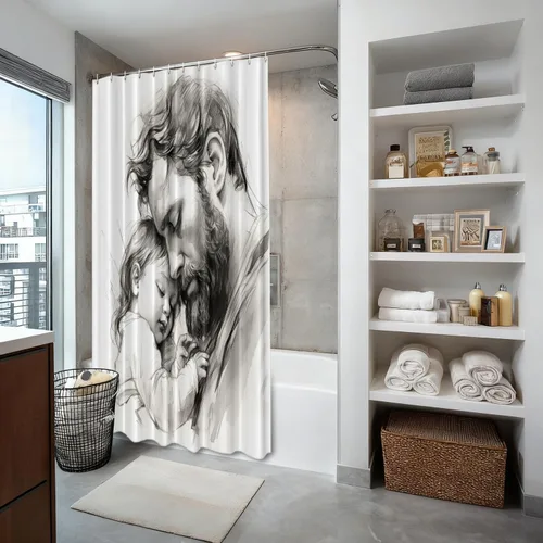 Vista 710 de Shrahala Father and Child Embracing No Hooks Shower Curtain with Snap in Liner Set, Tender Moment Captured Bathroom Décor Polyester Fiber Waterproof