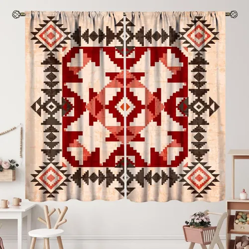 Vista 230 de Cortinas con patrón geométrico tribal, estilo suroeste, azteca, rústico, occidental, nativo americano, opacas, con bolsillo para barra, decoración