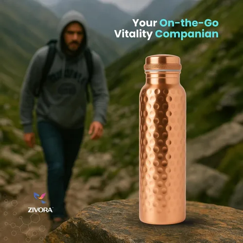 Vista 5 de Botella de agua de cobre 100% puro, botella de agua de cobre puro de 34 onzas para beber con una bolsa de lona de bolsillo, probada en laboratorio