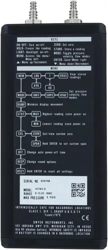 Vista 2 de Dwyer® Manómetro digital portátil 477AV, 477AV-3, 0-200" wc, modos de velocidad del aire/flujo