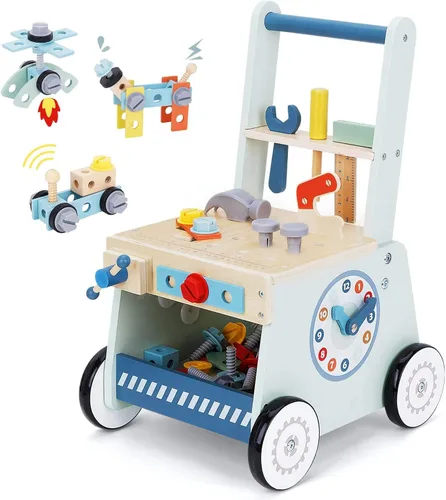 Andador de madera para bebés y banco de herramientas 2 en 1 con juego de Azul