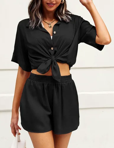 Vista 3 de Ekouaer 2 Piece Linen Lounge Sets for Women Button Down Loungewear Tops and Shorts Pajama Set with Pockets