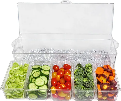 Vista 3 de Contenedor para refrigerar con hielo ingredientes con 5 compartimientos removibles, con capacidad de 2 tazas cada uno y tapas abatibles, Transparente