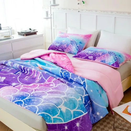 Vista 9 de ZRNBAST Juego de edredón de sirena tamaño Queen para mujeres y niñas, juego de ropa de cama rosa, morado, turquesa, degradado, multicolor, arco