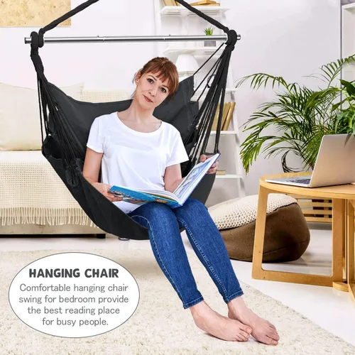 Vista 3 de Silla hamaca colgante con cuerda – Silla colgante para dormitorio, patio, interior, exterior, hamaca columpio de acero resistente con anillos