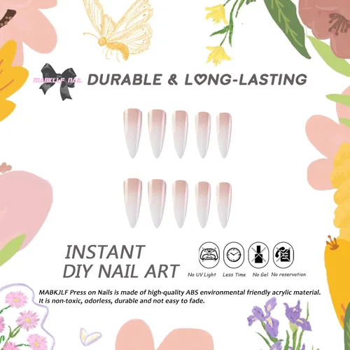 Vista 2 de Uñas postizas largas a presión estilo stiletto, uñas postizas francesas degradadas blancas, uñas postizas brillantes de cobertura completa
