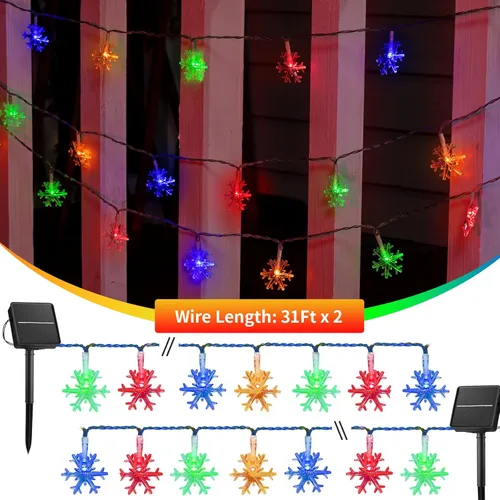 Vista 7 de Guirnalda de luces solares de copo de nieve de Navidad, paquete de 2 unidades, 100 luces LED de 62 pies para exteriores, impermeables, con 8 modos