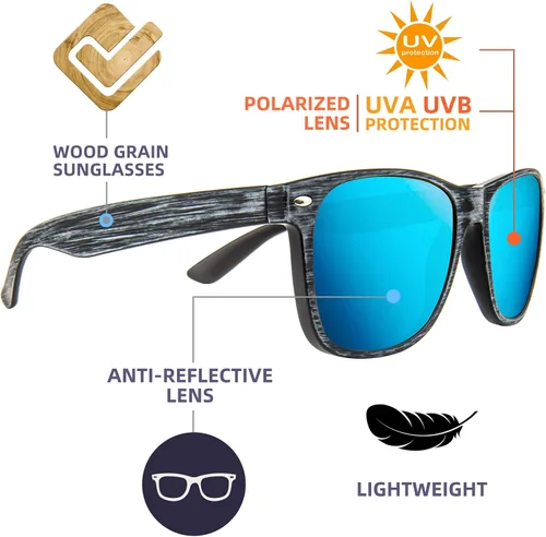 Vista 6 de MAXJULI Gafas de sol polarizadas para cabezas grandes, hombres y mujeres, protección UV 400, gafas de sol de grano de madera 8809