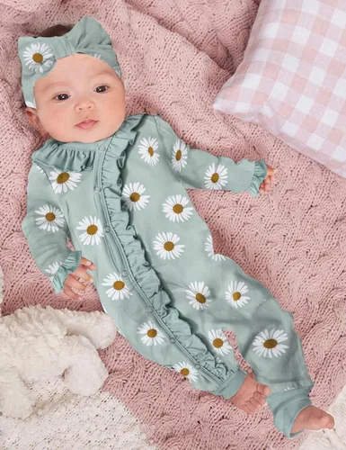 Vista 3 de Ropa de bebé recién nacida para niña, ropa de manga larga con volantes y diadema, ropa de bebé para niñas