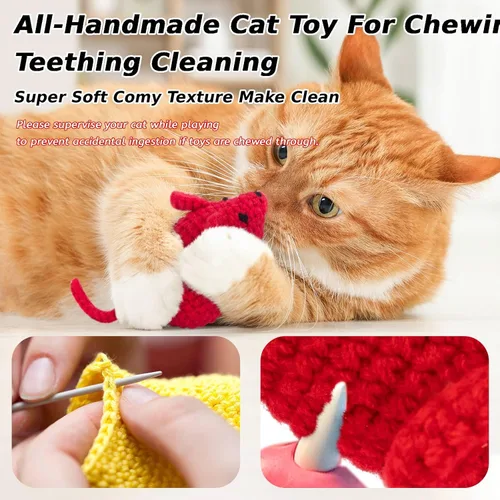 Vista 2 de Retro Shaw Juguetes de hierba gatera de ganchillo, 6 piezas de hilo para pezón de gato, ratones seguros para limpieza de dientes, juguete masticable