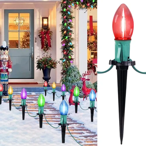 Vista 11 de Brightown Tira de luces LED estilo sendero de Navidad para exteriores; tira de 20 luces LED C9 de 25.7 pies con 20 estacas interconectables y a